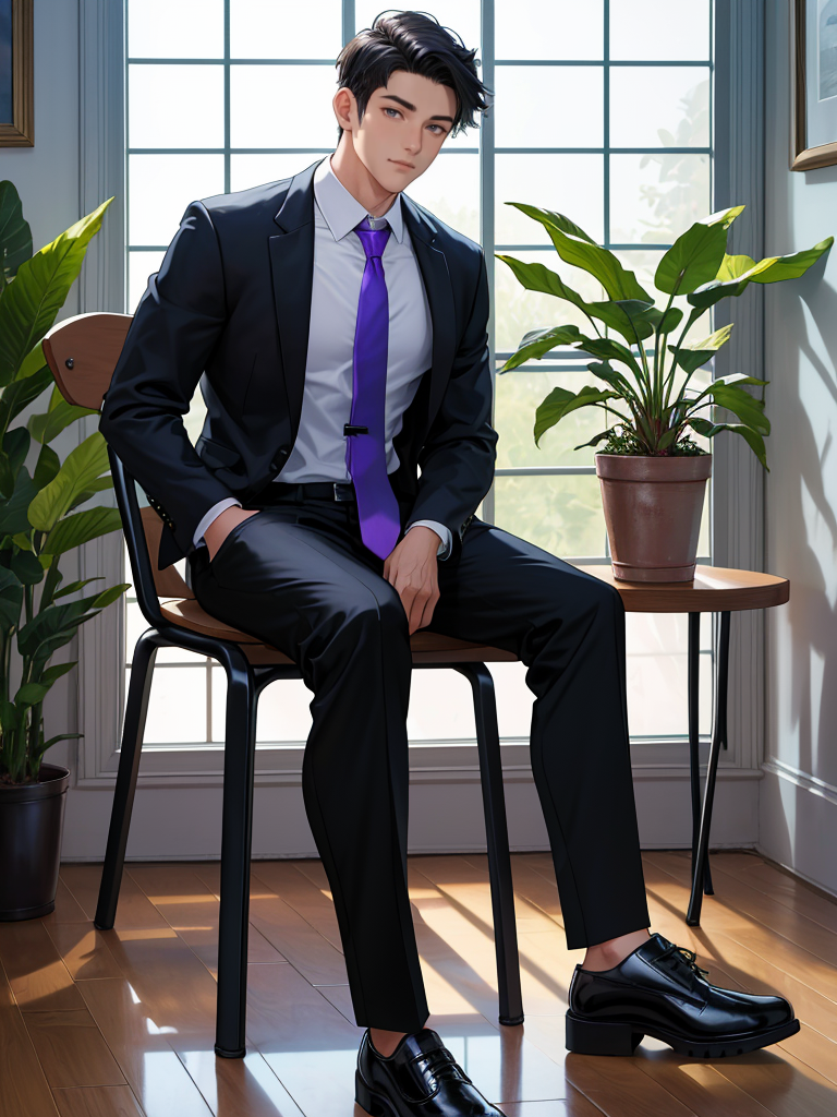 00057-1927306706-1boy, male focus, sitting, solo, formal, necktie, window, pants, blue necktie, indoors, black pants, chair, black jacket, black.png